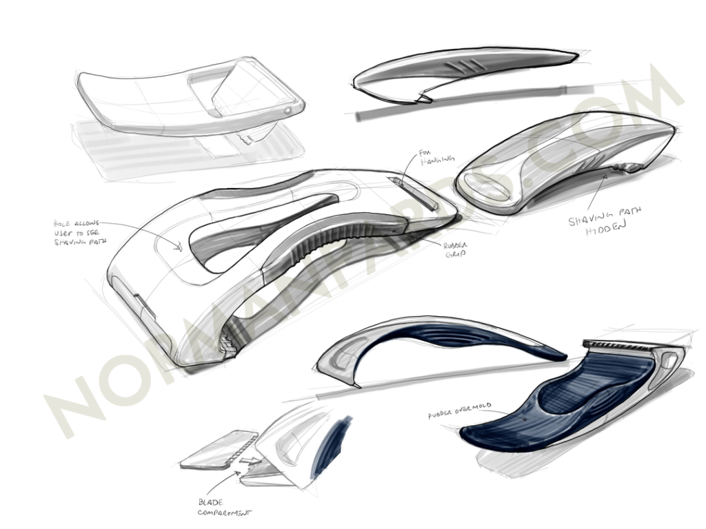 Concept design sketches for an ergonomic shaver for men