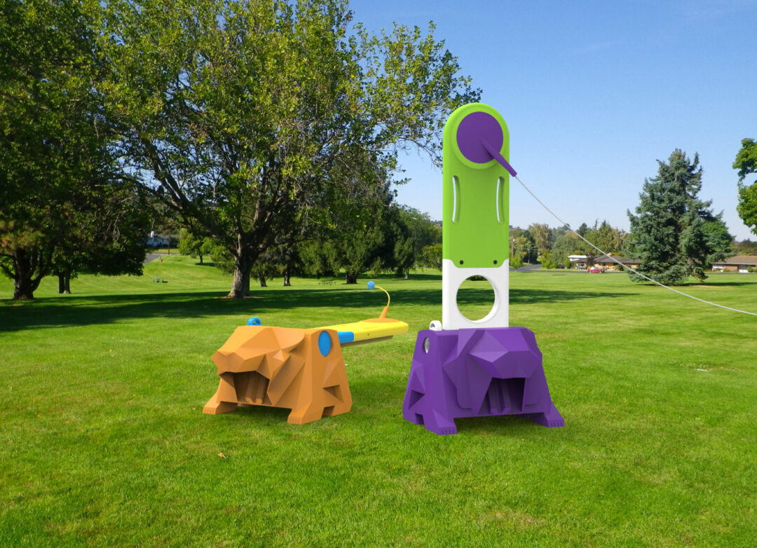 3D models of a pair of plastic children's outdoor toys in the shape of a dog and a bunny, located at a grassy park